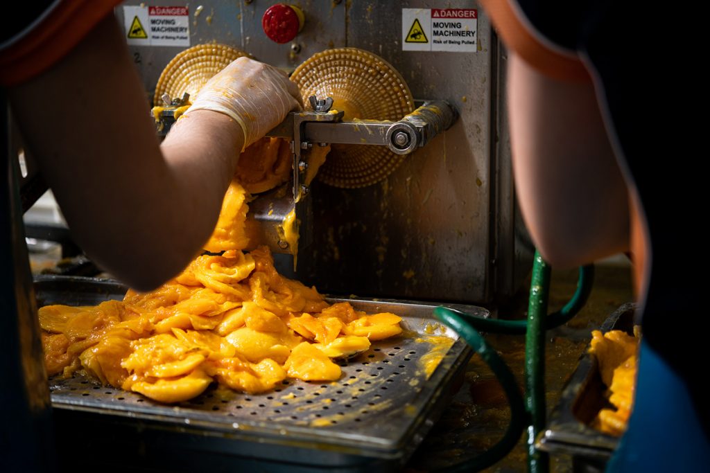 Machine slicing of mangoes.